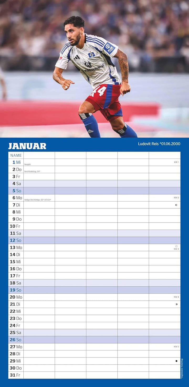 N NEUMANNVERLAGE - Hamburger SV 2025 Fan-Timer, 22x45cm, Fussball-Familienplaner mit 5 Spalten und M