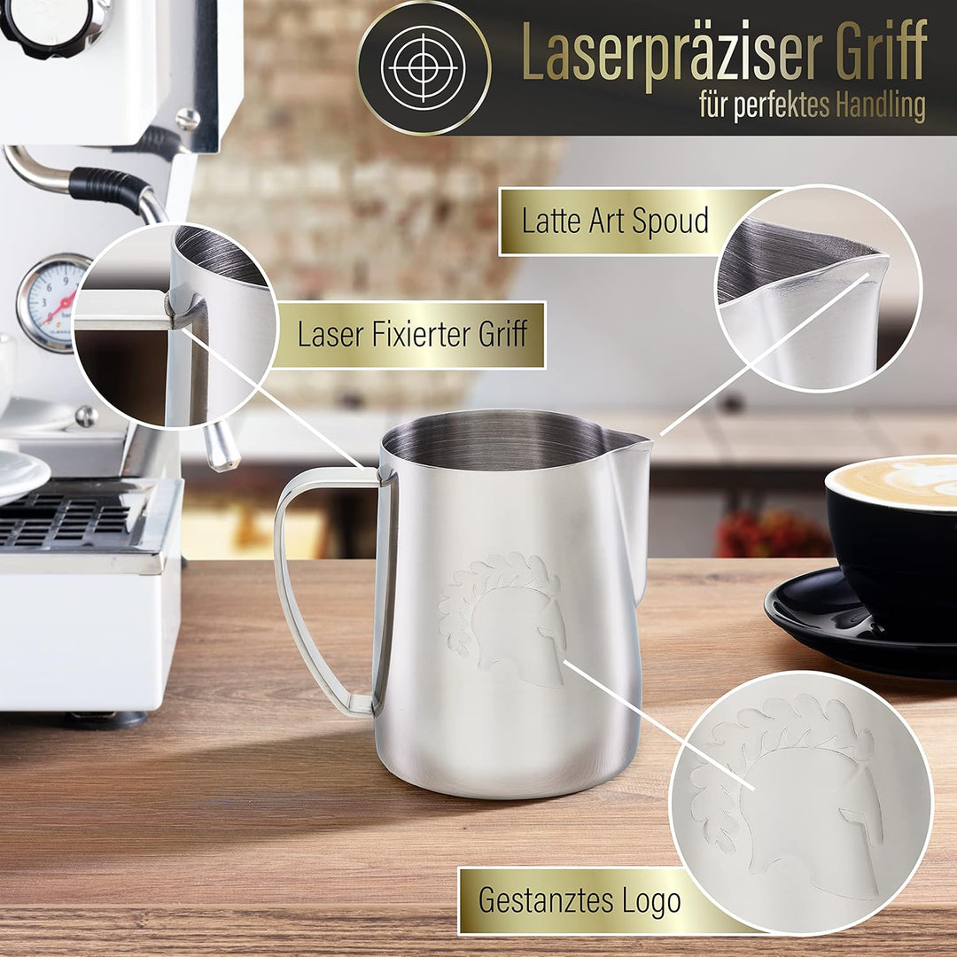 Barista Legends® Milchkännchen Edelstahl [600ml] ARES Silber - Barista Milchkännchen zum Milchaufsch