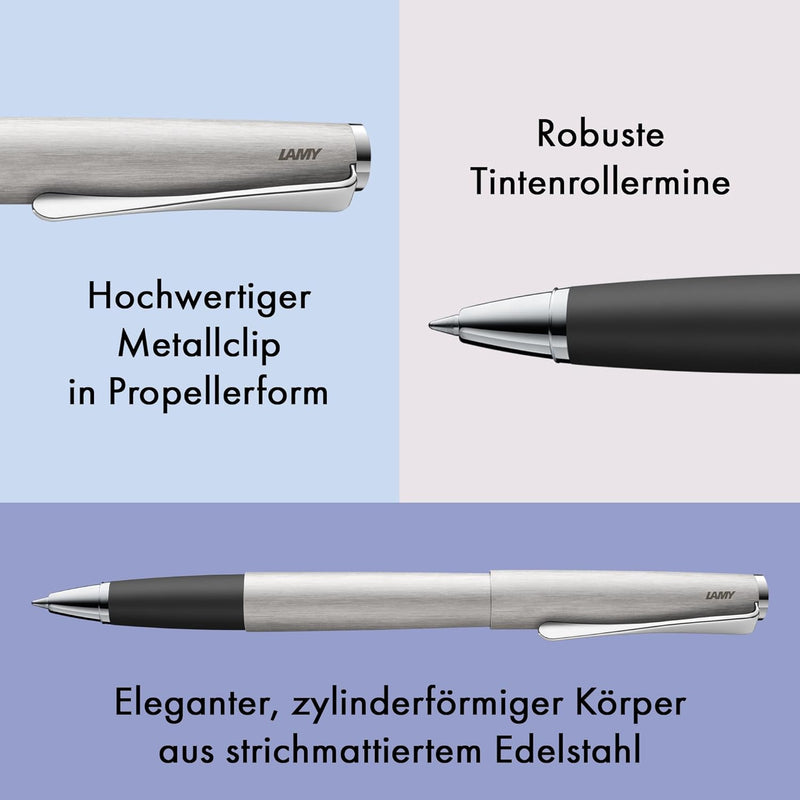 LAMY studio Tintenroller 365 - Rollpen aus Edelstahl strichmattiert in der Farbe Silber mit Griffstü