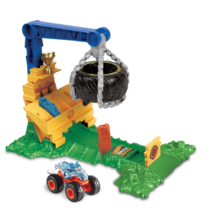 Hot Wheels Monster Trucks Rhinomite Angriffs-Challenge Spielset mit einem Spielzeugtruck und 2 zerdr