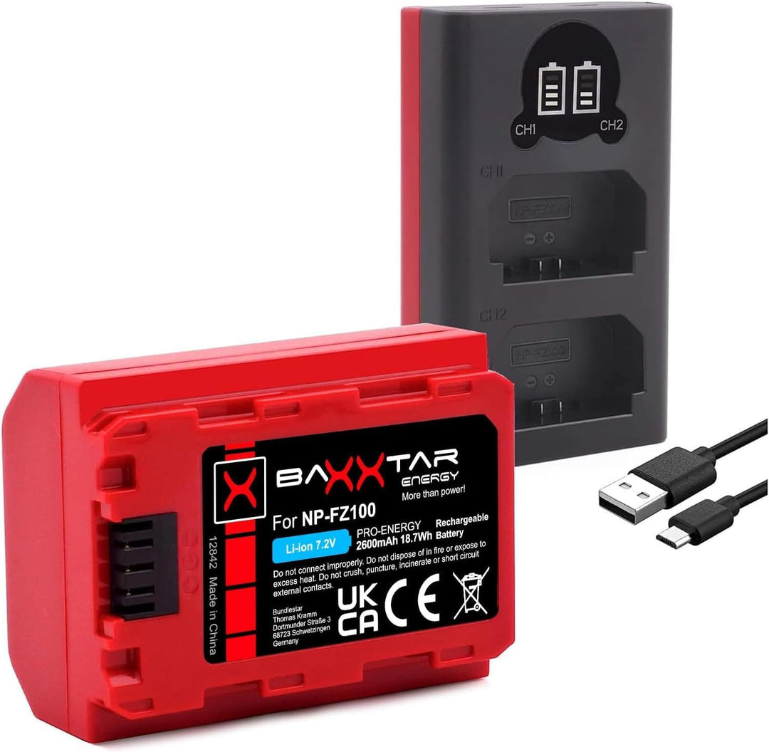 Baxxtar Pro NP-FZ100 2400mAh Kamera-Akku/Generation IV/Laden mit Mini LCD DUAL Gerät - Eingang USB-C