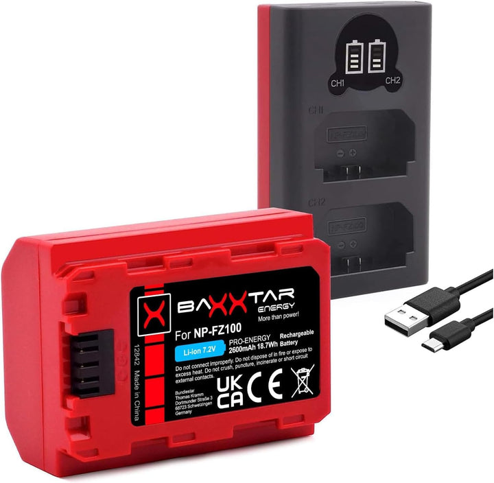 Baxxtar Pro NP-FZ100 2400mAh Kamera-Akku/Generation IV/Laden mit Mini LCD DUAL Gerät - Eingang USB-C