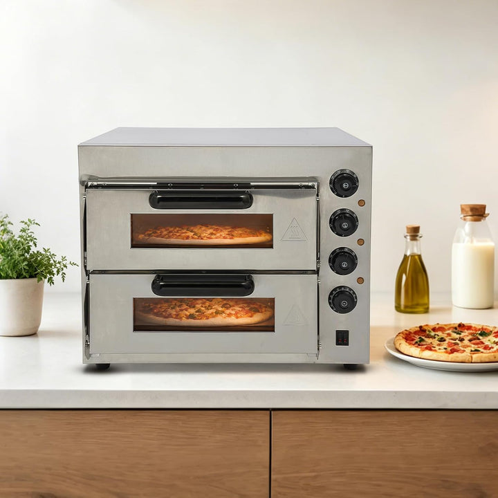 3000W Pizzaofen 2 Etagen, Edelstahl Elektrisch mit Handschuhe