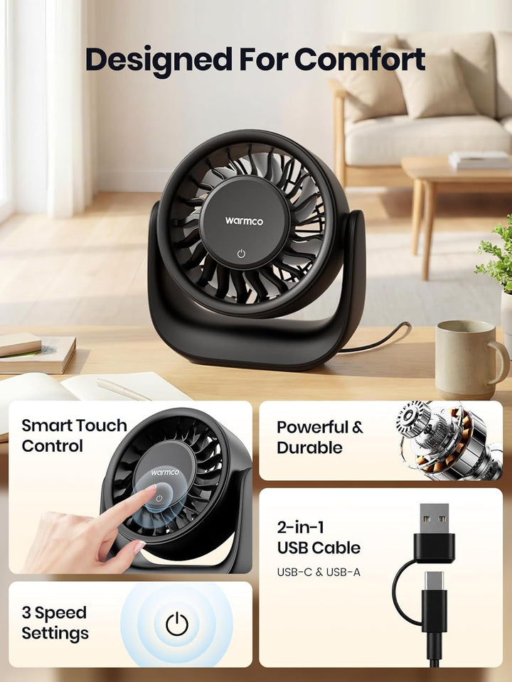 Warmco USB Tischventilator mit Touch, (Nur USB-Betrieb) Kleiner Ventilator, USB-A & USB-C Stecker, 3