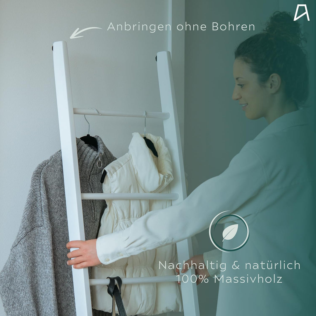 Staboos Massiv Holz Handtuchhalter - Handgemachter Badetuchhalter aus Buchenholz - Holzleiter (Weiss