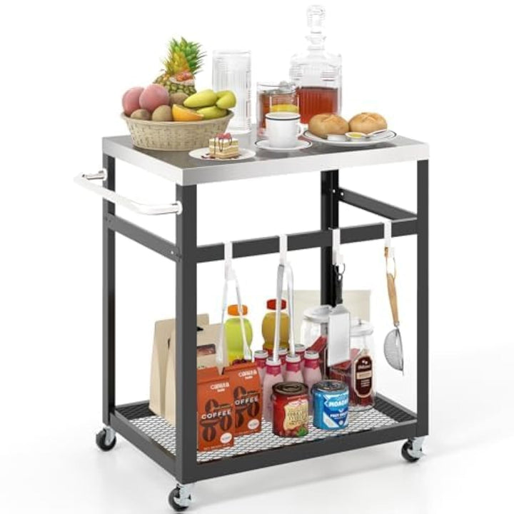 Generisch Grilltisch Outdoor, Grillwagen mit 2 Ablagen & 4 Rädern & Griff & 4 Haken, Pizzatisch Beis