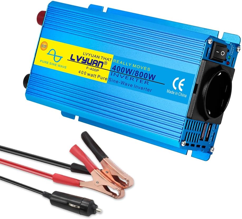 LVYUAN 400W/800W Reiner Sinus-Wechselrichter DC 12V auf 230V AC Spannungswandler mit 1 EU AC Steckdo
