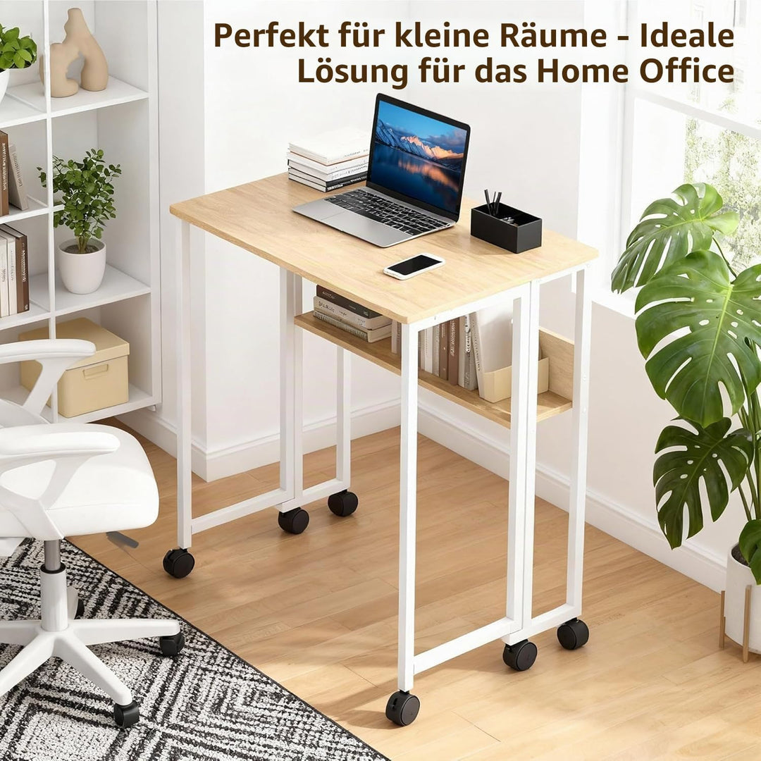 Klappbarer Schreibtisch Mit Rollen Und Stauraum, 63x50x75 cm Platzsparender Computertisch Für Home O