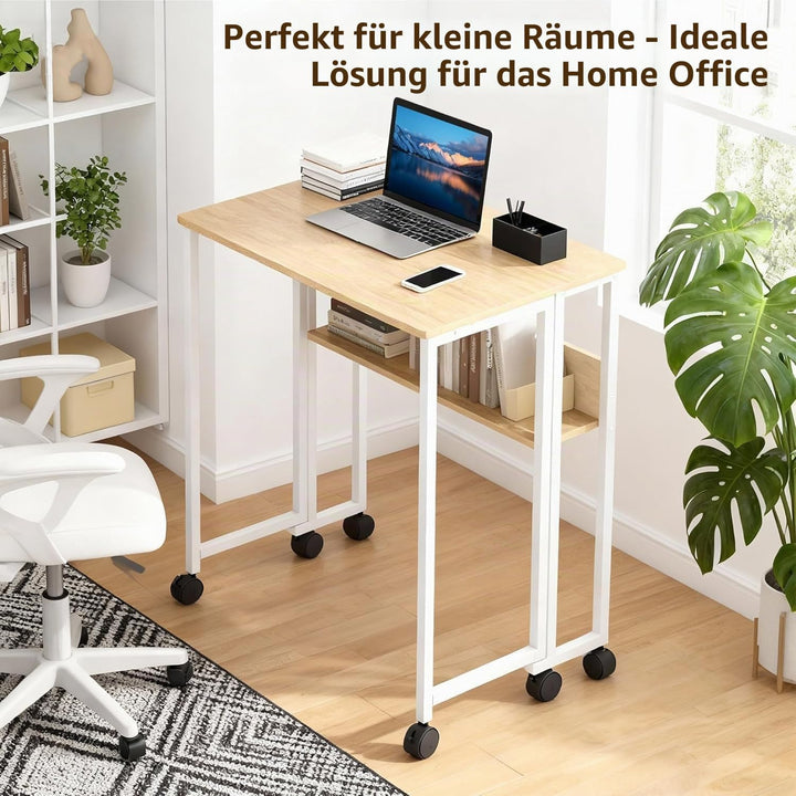 Klappbarer Schreibtisch Mit Rollen Und Stauraum, 63x50x75 cm Platzsparender Computertisch Für Home O
