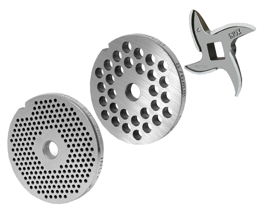 Wolfcut Lochscheibensatz 2mm + 6mm Bohrung und 1 Sichelmesser - Kompatibel/Ersatz mit Allen Fleischw