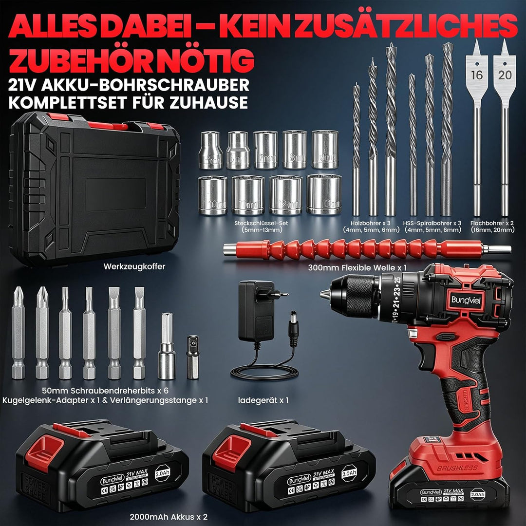 Akkuschrauber/Bohrmaschine Set 25+3 Kompatibel mit Makita 18V Akku, Enthalten 2 Akkus 2.0Ah & Ladege
