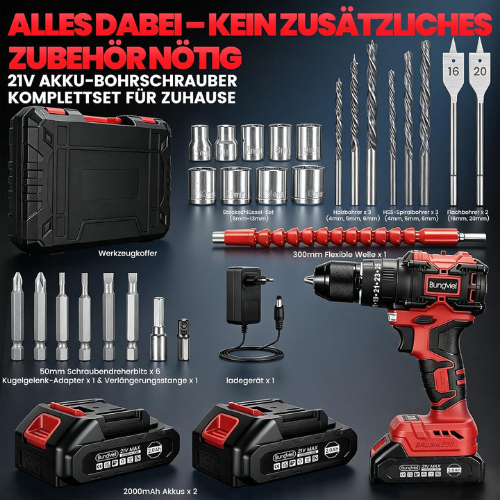 Akkuschrauber/Bohrmaschine Set 25+3 Kompatibel mit Makita 18V Akku, Enthalten 2 Akkus 2.0Ah & Ladege