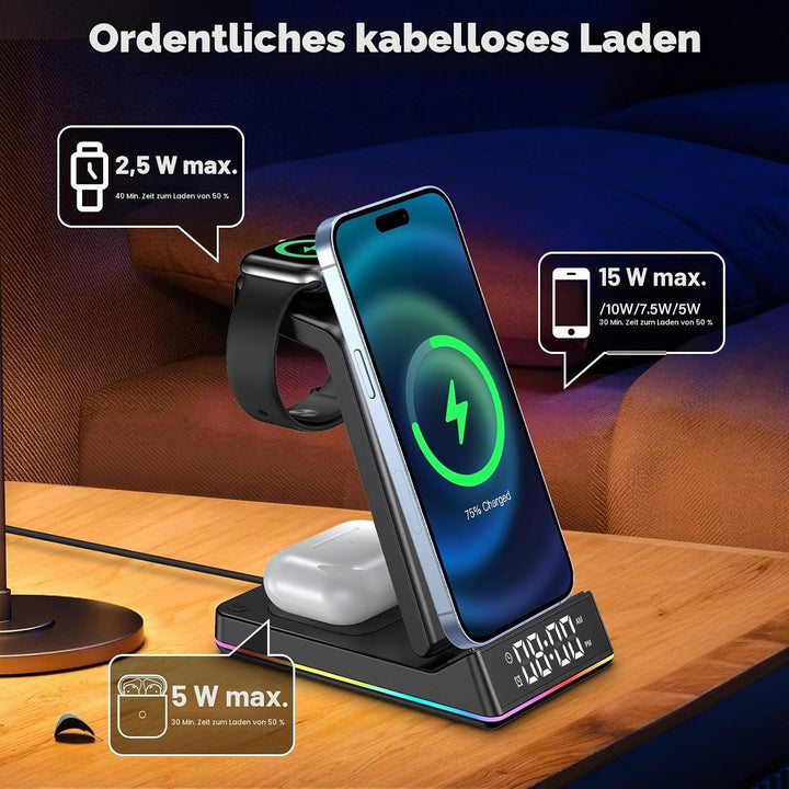 5 in 1 Ladestation Apple Watch und iPhone, Wireless Charger Induktive Ladestation iPhone mit Uhr LED