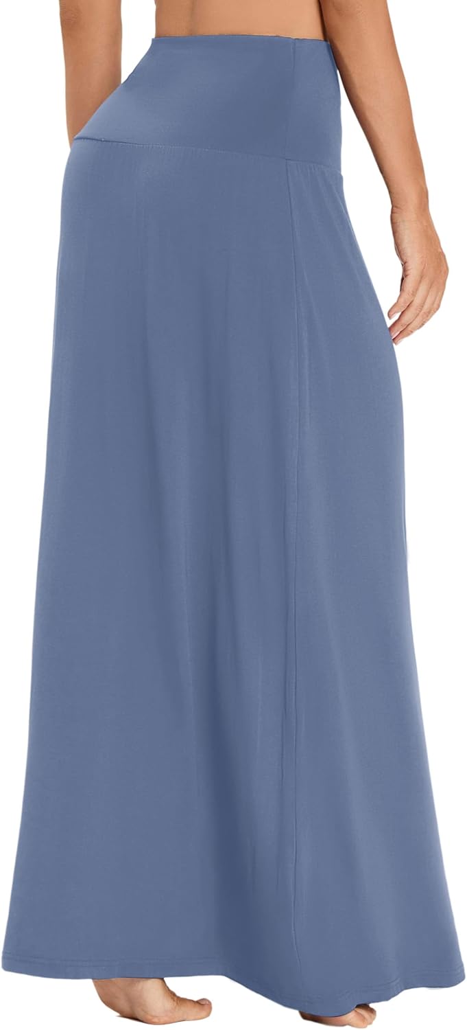 Damen Sommer Hohe Taille Boho Yoga Maxi Rock Elastisch Pull On Lang Röcke S Graublau, S Graublau