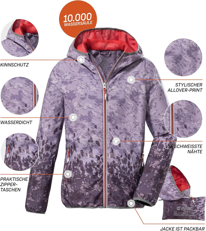 Killtec Mädchen Kos 165 Grls Jckt Funktionsjacke mit Kapuze, packbar, wasserdicht 116 lavendel, 116