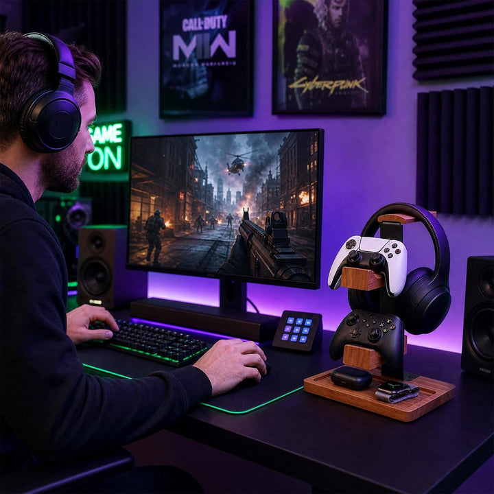 Headset Halterung aus Holz, 2-in-1-Controller-Halter und Kopfhörer-Ständer | Doppelstöckiges Aufbewa