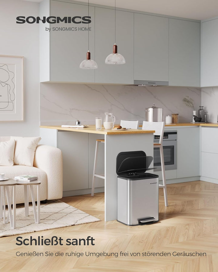 SONGMICS Mülleimer Küche, 20 Liter Abfalleimer mit Deckel, Tretmülleimer, Stahl, Softclose, Offenhal