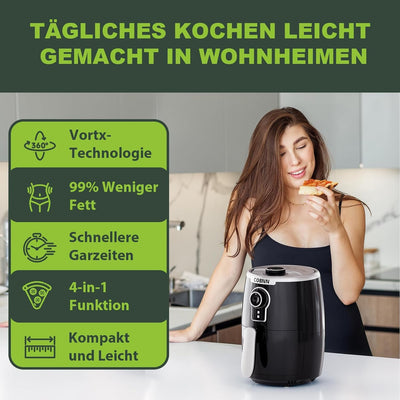 COBNN 2L Mini-heissluftfritteuse, Fritteuse mit Heissluft, 4-in-1-Funktionen, Einstellbarer Timer un