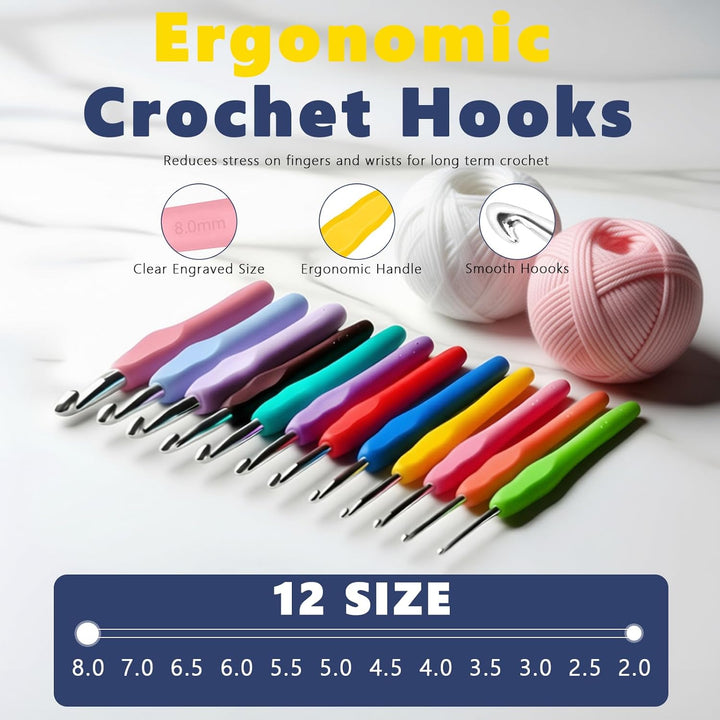 AirBanish Häkelsets für Anfänger und Erwachsene, Häkelnadel-Set mit 12 x 25 g Häkelgarnen, ergonomis