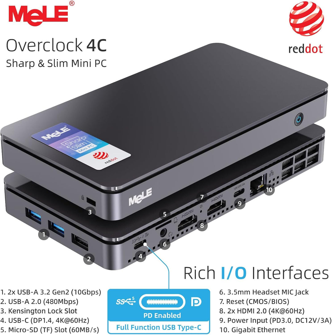 MeLE Overclock4C Mini-PC – N300, 32GB RAM, 512GB, HDMI, PCIe 3.0 x4, USB-C PD 3.0 – Ideal für Büro/I