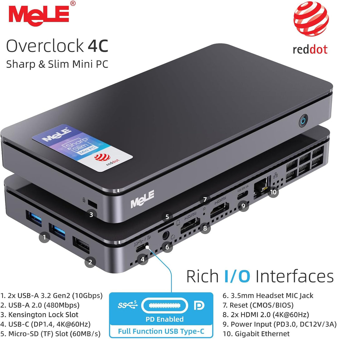 MeLE Overclock4C Mini-PC – N300, 16GB RAM, 512GB, HDMI, PCIe 3.0 x4, USB-C PD 3.0 – Ideal für Büro/I