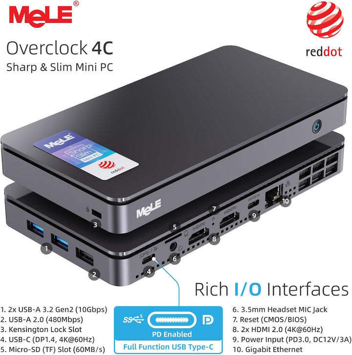 MeLE Overclock4C Mini-PC – N300, 16GB RAM, 512GB, HDMI, PCIe 3.0 x4, USB-C PD 3.0 – Ideal für Büro/I