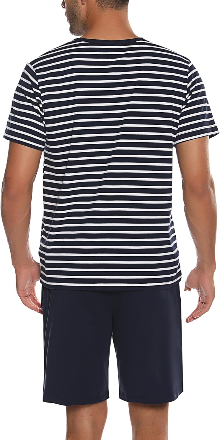 Schlafanzug Herren Kurz aus Baumwolle mit Kontraststreifen Design, Sommer Pyjama Set Oberteile und K