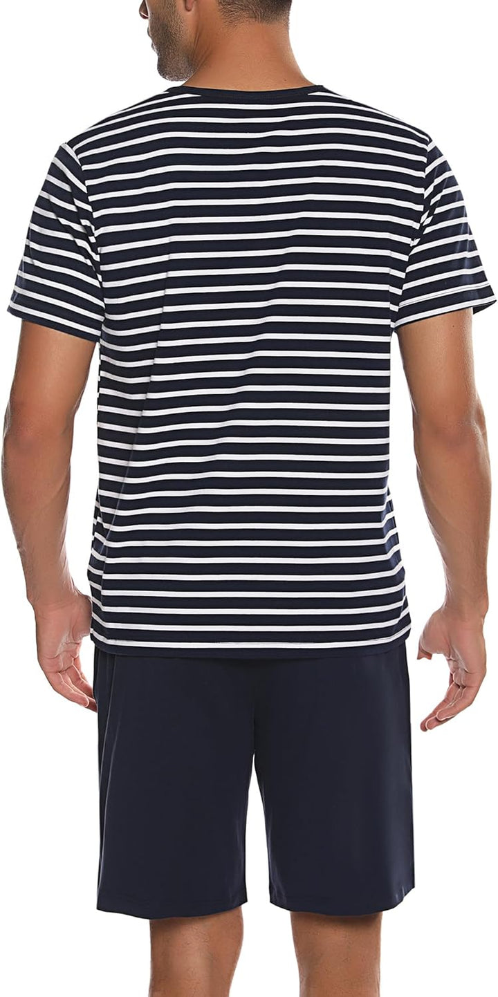 Schlafanzug Herren Kurz aus Baumwolle mit Kontraststreifen Design, Sommer Pyjama Set Oberteile und K
