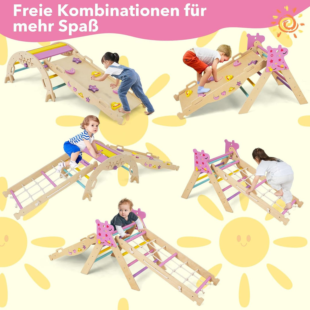 DREAMADE 9-in-1 Montessori Kletterdreieck Set, Kletterbogen aus Holz mit Netz für Kleinkinder ab 1 J