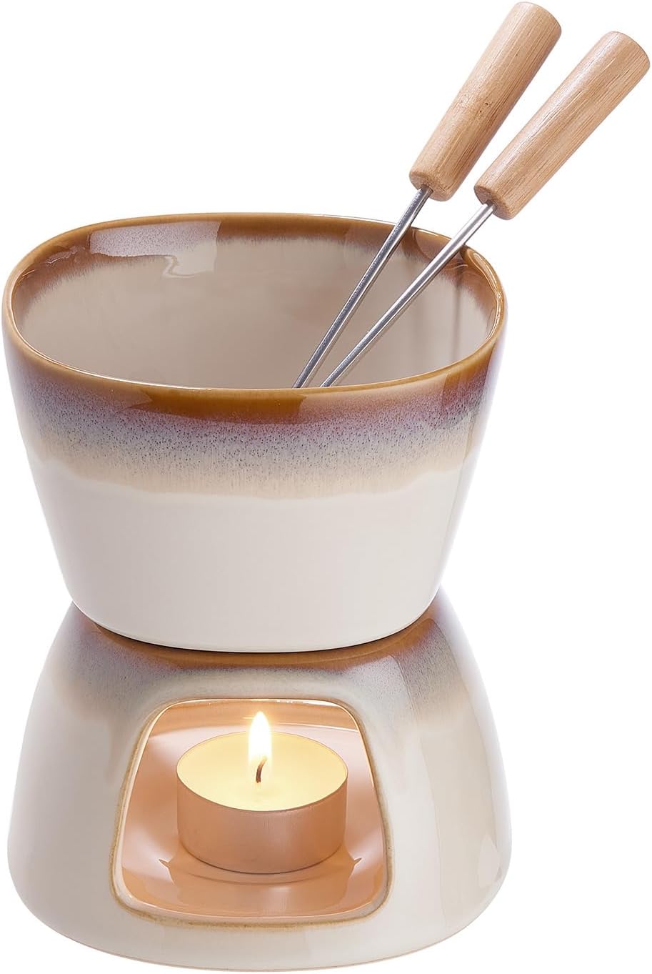 BUTLERS Mini Schokofondue Set für 2 Personen - braun beige Keramik mit reaktiver Glasur, 2 Edelstahl