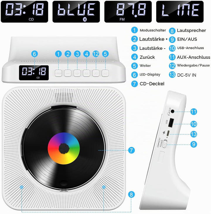 CD Player mit Bluetooth Gueray Tragbare CD Player Desktop Wandmontierbarer CD-Player Integrierte HiF