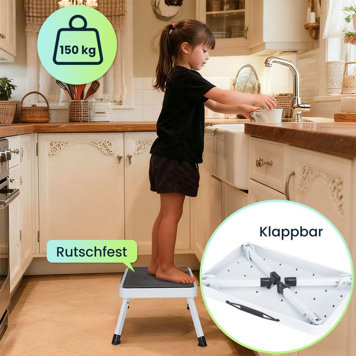 ideoon Küchenleiter 2 Stufen & Tritthocker Set – Klappbar, 150 kg belastbar, rutschfeste Trittfläche