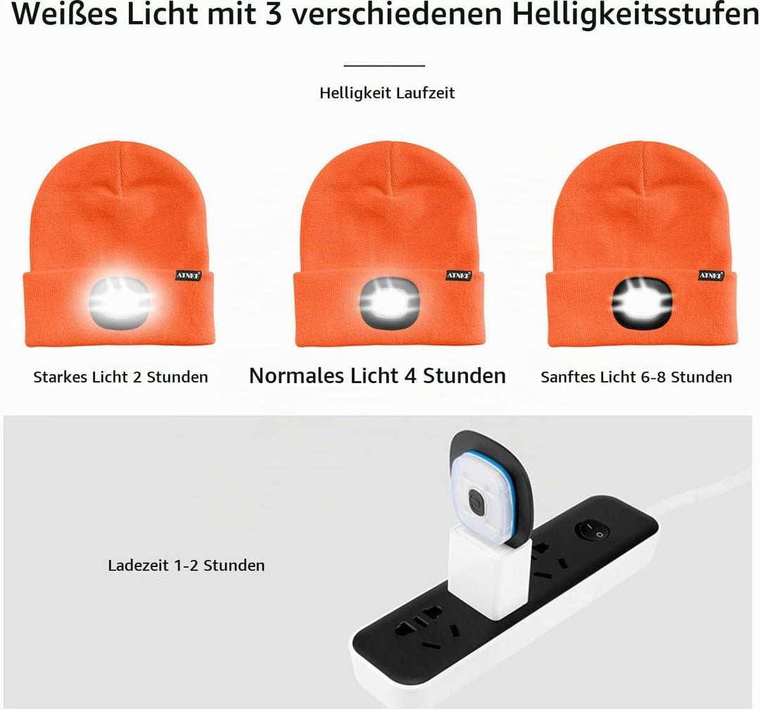 ATNKE LED Beleuchtete Mütze,Wiederaufladbare USB Laufmütze mit Licht Extrem Heller 4 LED Lampe Winte