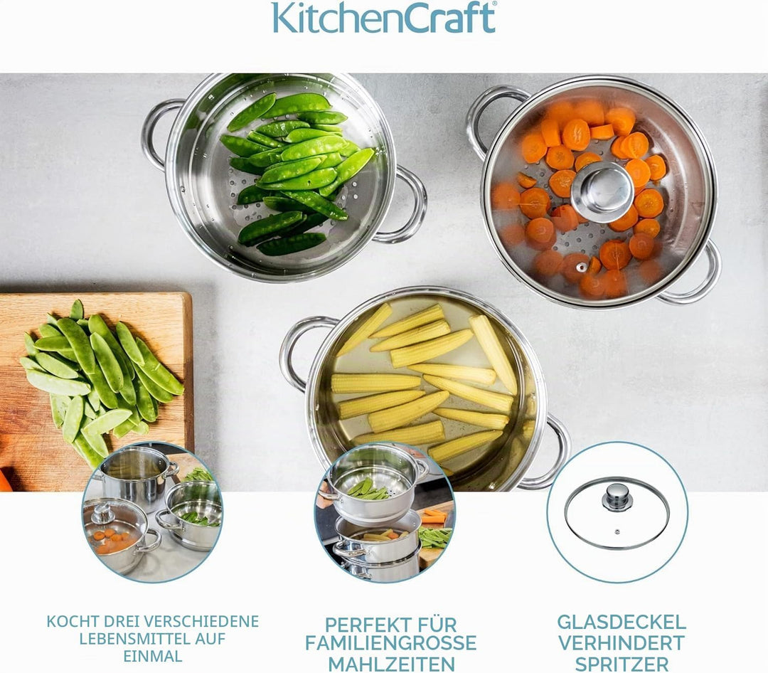 KitchenCraft 3 Kochtopf Set, Dampfgarer/Suppentopf Steamer 3-stufig, Induktionssicher, Edelstahl, in