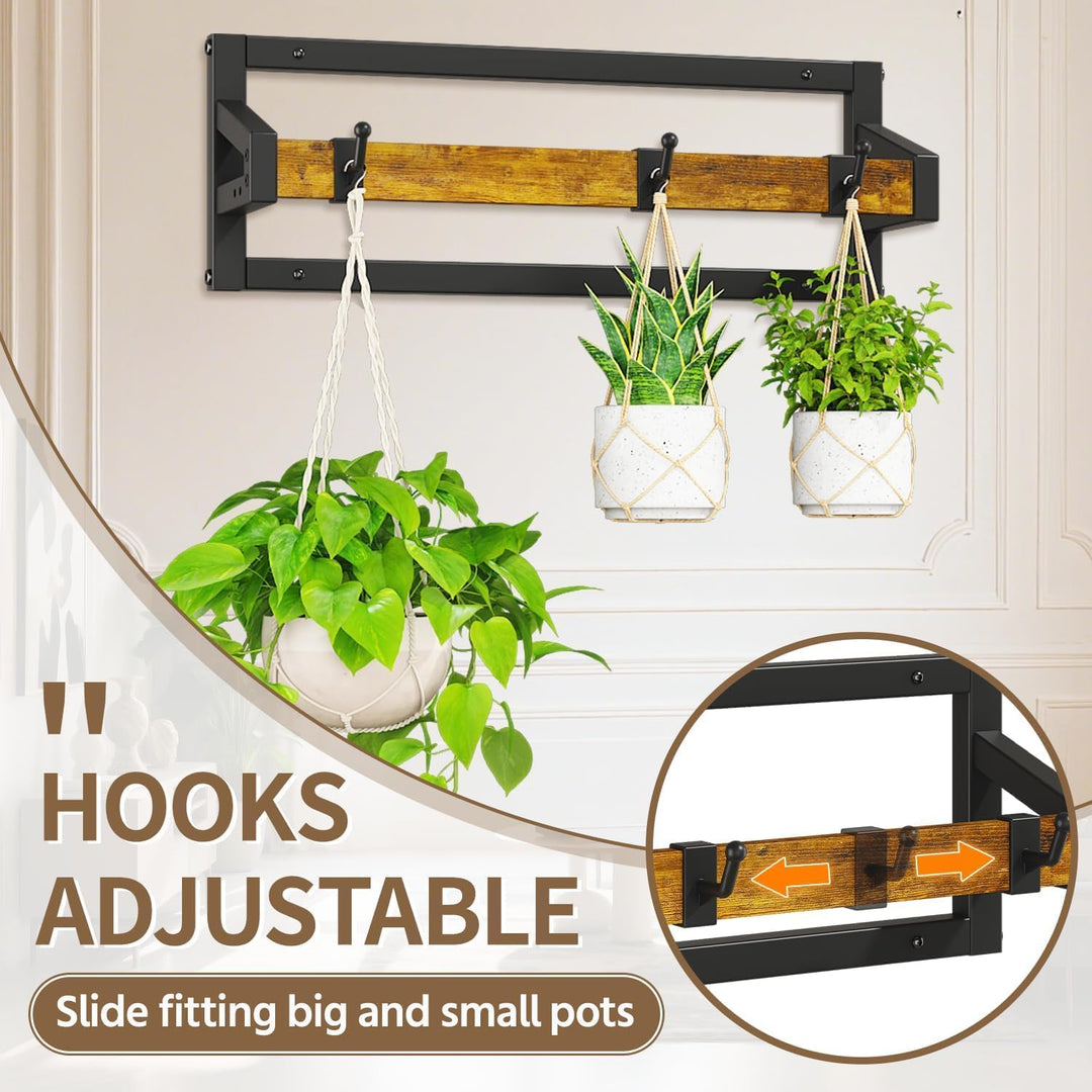 LASZOLA Pack of 2 Plant Stands, Plant Holder Wall with 6 Hanging Hooks, Plant Shelf, Plant Wall Moun