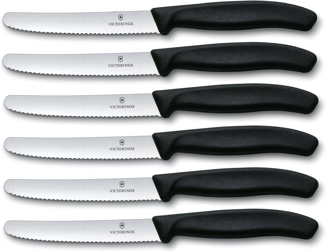 Swiss Modern Messerblock, 6-teilig, farbig, Buchenholz schwarz & 6 Stück Tafelmesser - Tomatenmesser