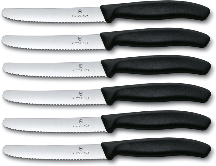 Swiss Modern Messerblock, 6-teilig, farbig, Buchenholz schwarz & 6 Stück Tafelmesser - Tomatenmesser