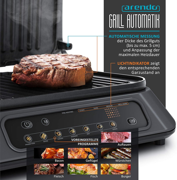 Arendo - Kontaktgrill - Elektrogrill - elektrischer Tischgrill mit Digitalsteuerung 1900 W - Sandwic