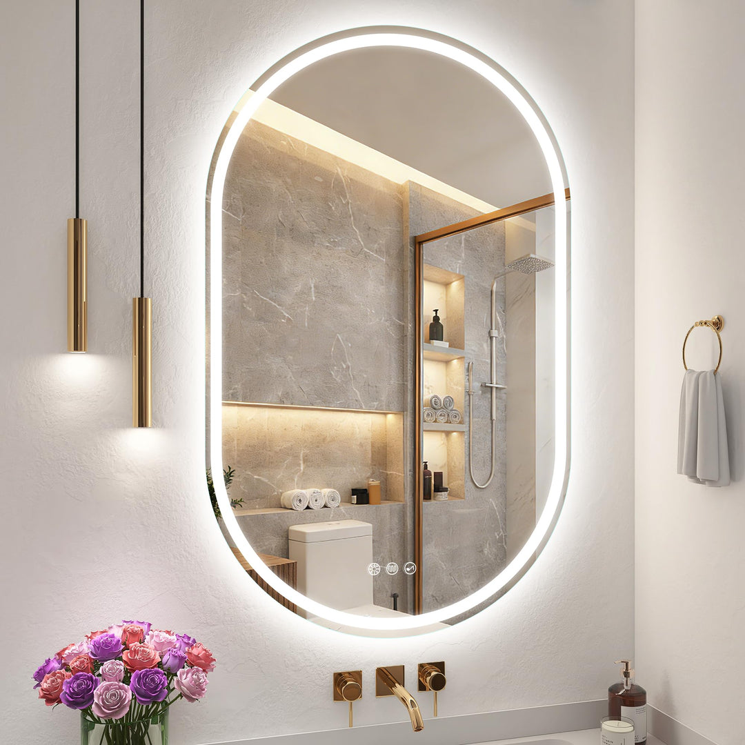 S'bagno Badspiegel-mit-Beleuchtung 600x1000 mm, Oval-Badezimmerspiegel-mit-Beleuchtung und Bluetooth