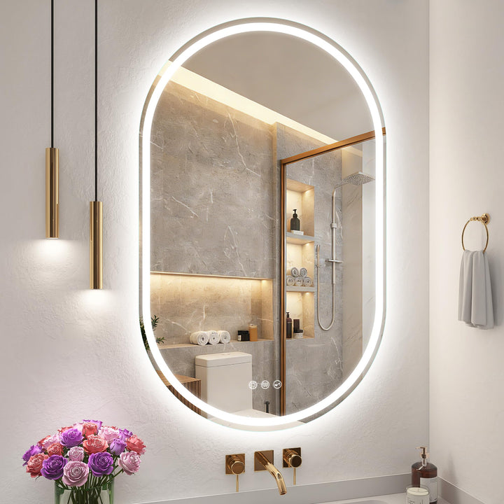 S'bagno Badspiegel-mit-Beleuchtung 600x1000 mm, Oval-Badezimmerspiegel-mit-Beleuchtung und Bluetooth