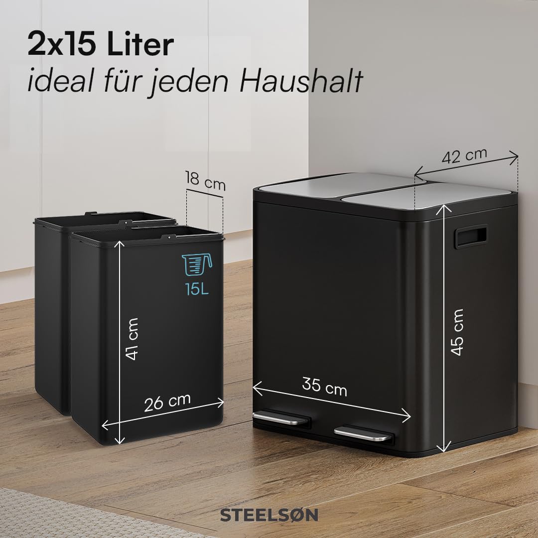 STEELSØN Epsilon Mülleimer 2 Fächer – Mülltrennsystem Küche 2x15L aus Edelstahl Schwarz – Tretmüllei
