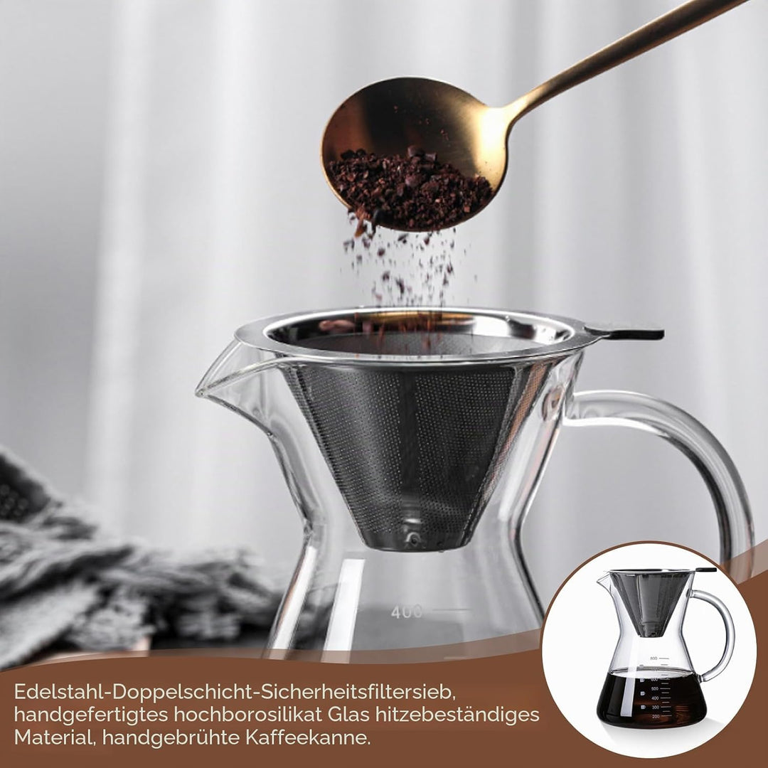 Pour Over Kaffeebereiter, 800 ml Borosilikat Glaskanne mit doppelschichtigem Edelstahlfilter, Kaffee
