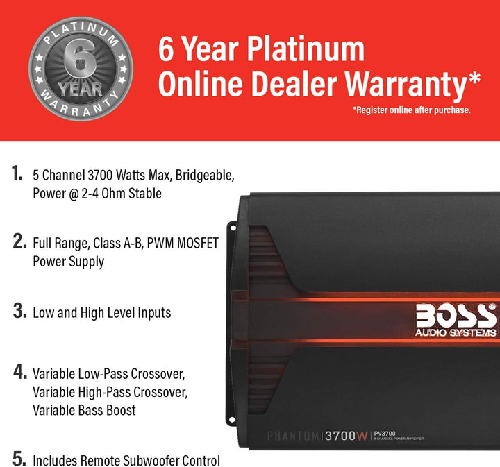 Boss Audio PV3700 Boss PHANTOM 3700 Watts 5Channel Power Amplifier Remote Subwoofer Level Control 37