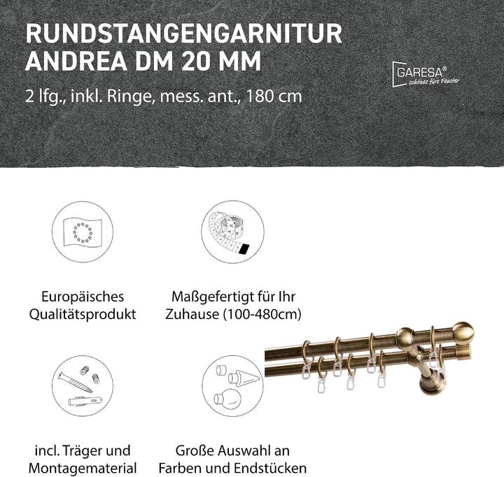 Garesa Gardinenstange Andrea Ø 20mm, 2-läufig, Messing, antik I Stabile Vorhangstange inkl. Ringe +