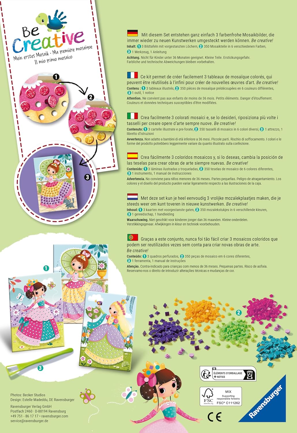 Ravensburger BeCreative Mosaic Princess - Bastelset für Kinder ab 4 Jahren, Mosaikbilder basteln für