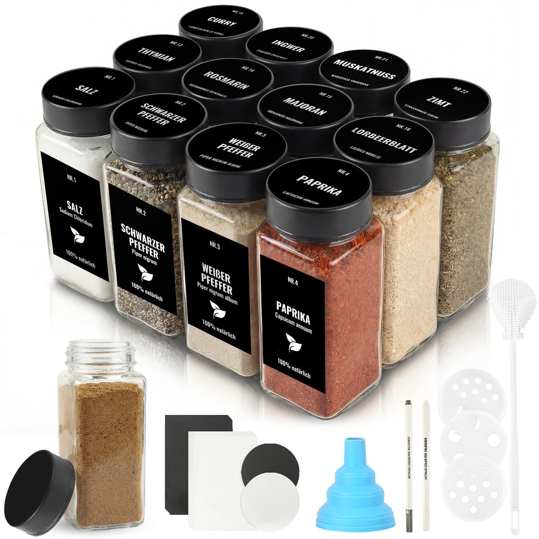 12pcs Gewürzgläser Eckig mit Edelstahldeckel, 120ml Glasbehälter mit Streueinsatz, Luftdichte Gewürz