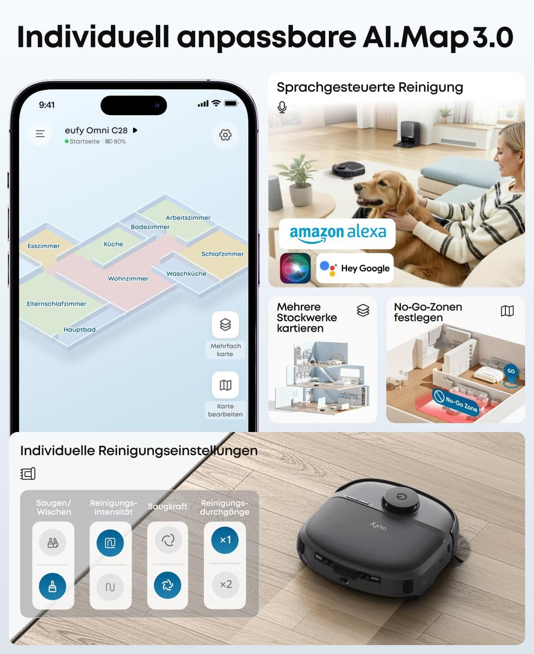 eufy Saugroboter mit Wischfunktion C28, HydroJet delbstreinigende Wischrolle, 15.000Pa Turbo-Saugkra