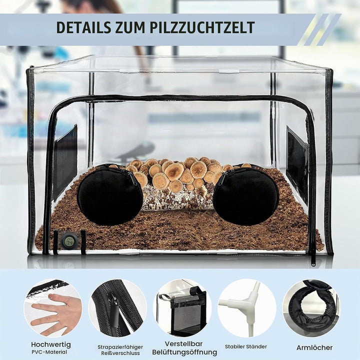 Still Air Box,Tragbares Mushroom Grow Kit, PVC Pilz-Wachstums-Set mit 2 Arm Ports, Faltbare Pilzzuch
