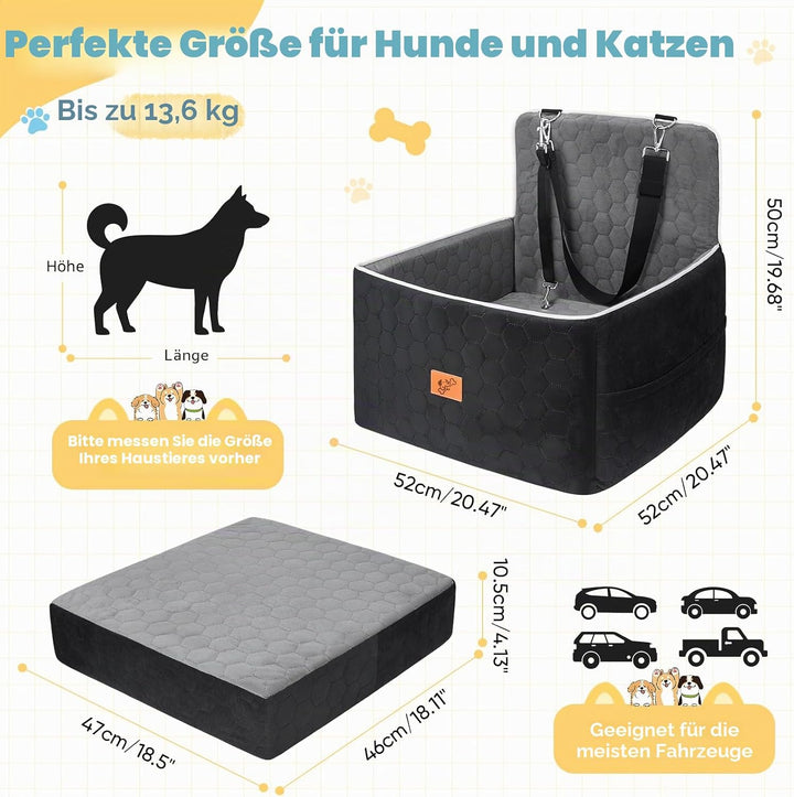 Hunde Autositz für Kleine und Mittelgrosse 52x52x50cm, Abnehmbarer und Waschbarer Sitzerhöhungssitz