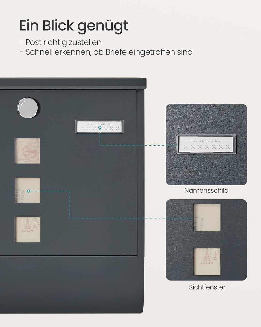 SONGMICS Wandbriefkasten, mit Schloss mit Drehdeckel, Sichtfenster, Namensschild, Zeitungsfach, einf